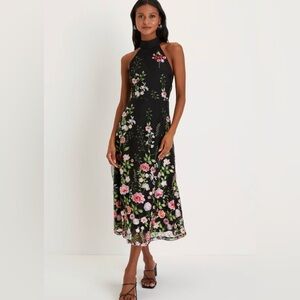 Lulu's Blossoming Energy Black Floral Embroidered Halter Midi Dress